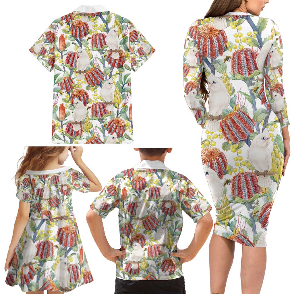 Little Corella Australia Cockatoo Family Matching Long Sleeve Bodycon Dress and Hawaiian Shirt Cacatua Sanguinea Banksia Seamless White - Aussie Hoodie