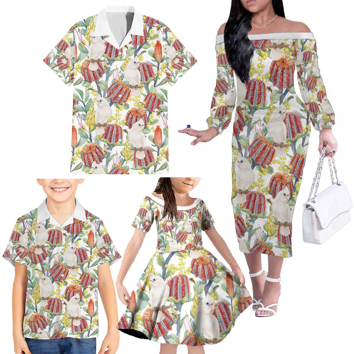 Little Corella Australia Cockatoo Family Matching Off The Shoulder Long Sleeve Dress and Hawaiian Shirt Cacatua Sanguinea Banksia Seamless White - Aussie Hoodie