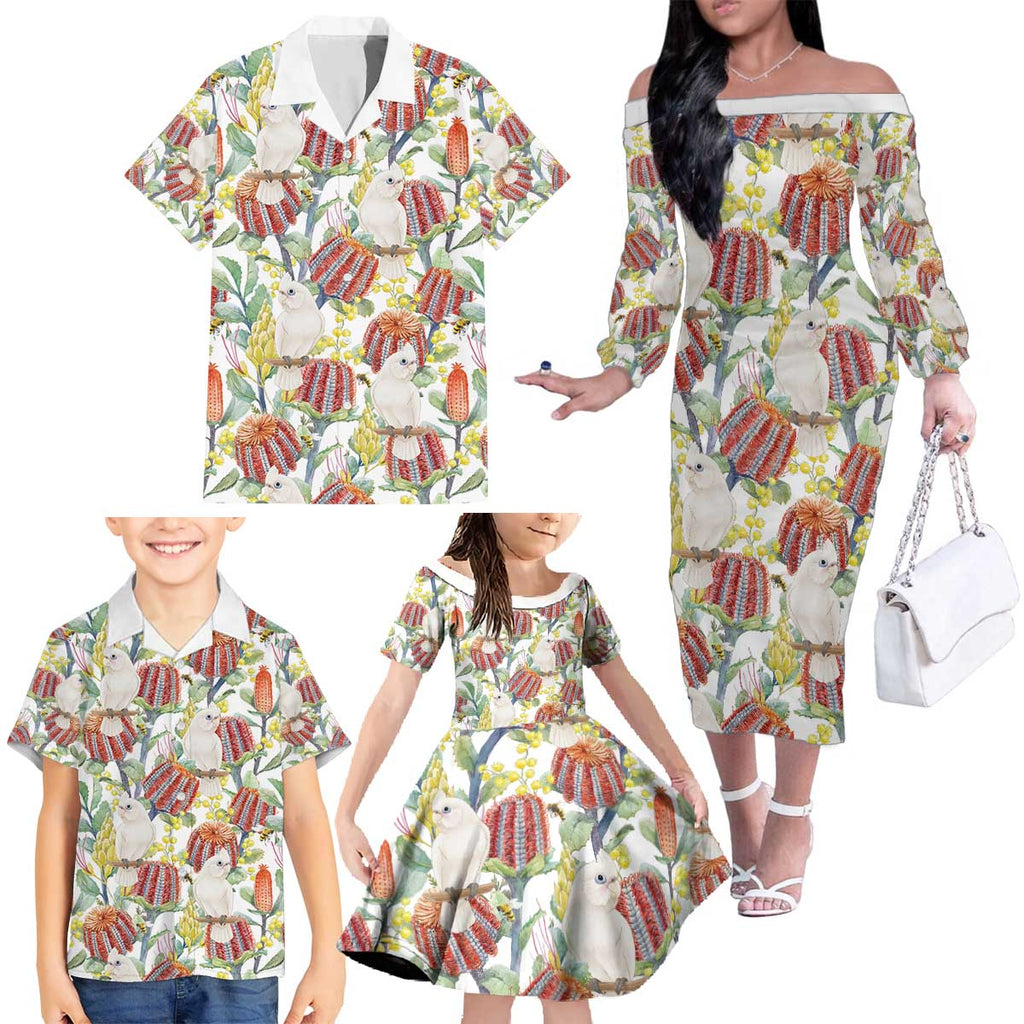 Little Corella Australia Cockatoo Family Matching Off The Shoulder Long Sleeve Dress and Hawaiian Shirt Cacatua Sanguinea Banksia Seamless White - Aussie Hoodie