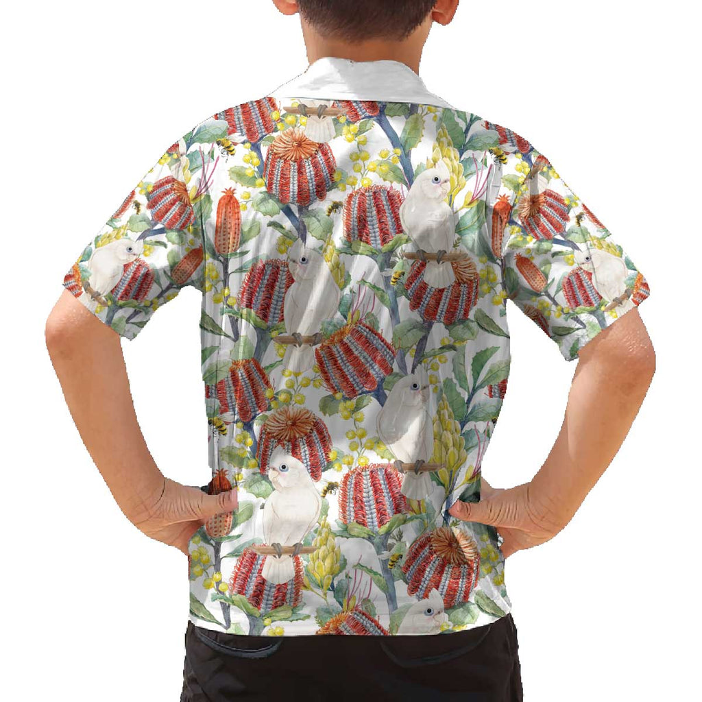 Little Corella Australia Cockatoo Family Matching Off The Shoulder Long Sleeve Dress and Hawaiian Shirt Cacatua Sanguinea Banksia Seamless White - Aussie Hoodie