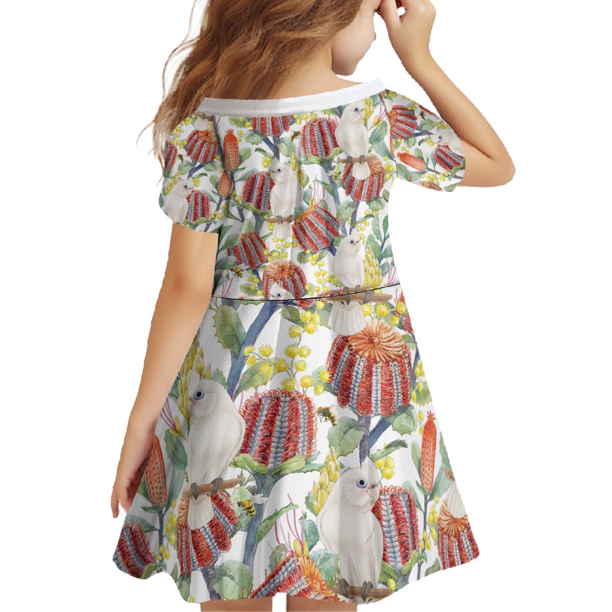 Little Corella Australia Cockatoo Family Matching Off The Shoulder Long Sleeve Dress and Hawaiian Shirt Cacatua Sanguinea Banksia Seamless White - Aussie Hoodie