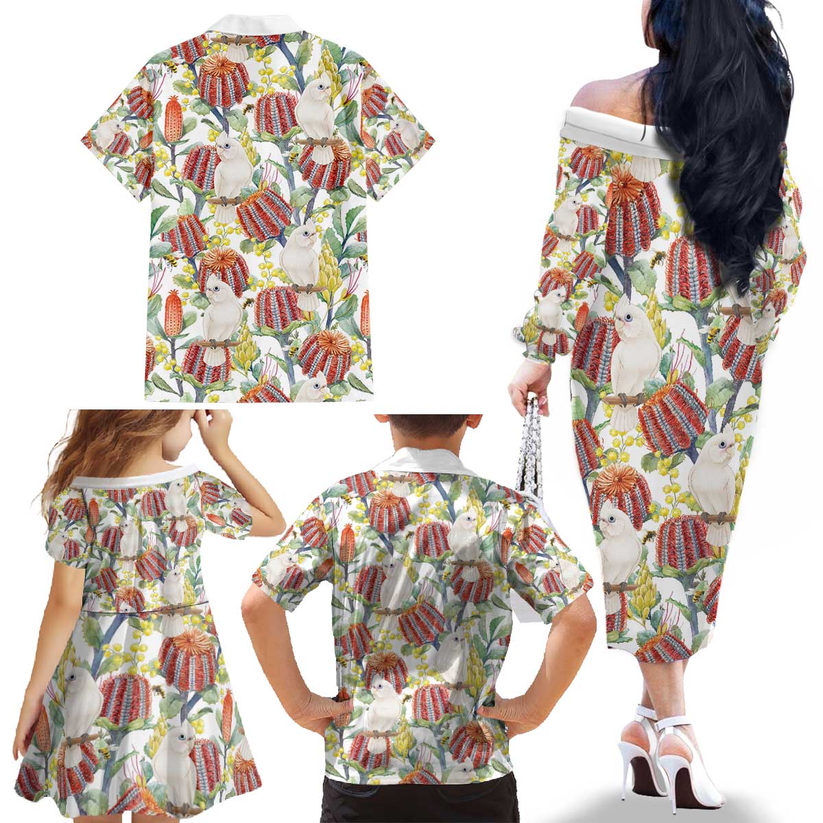 Little Corella Australia Cockatoo Family Matching Off The Shoulder Long Sleeve Dress and Hawaiian Shirt Cacatua Sanguinea Banksia Seamless White - Aussie Hoodie