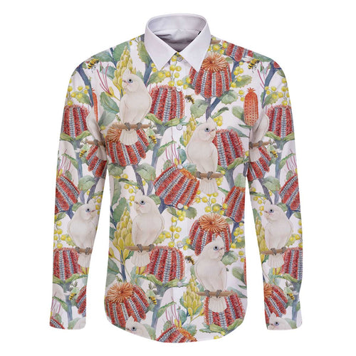 Little Corella Australia Cockatoo Family Matching Off The Shoulder Long Sleeve Dress and Hawaiian Shirt Cacatua Sanguinea Banksia Seamless White - Aussie Hoodie
