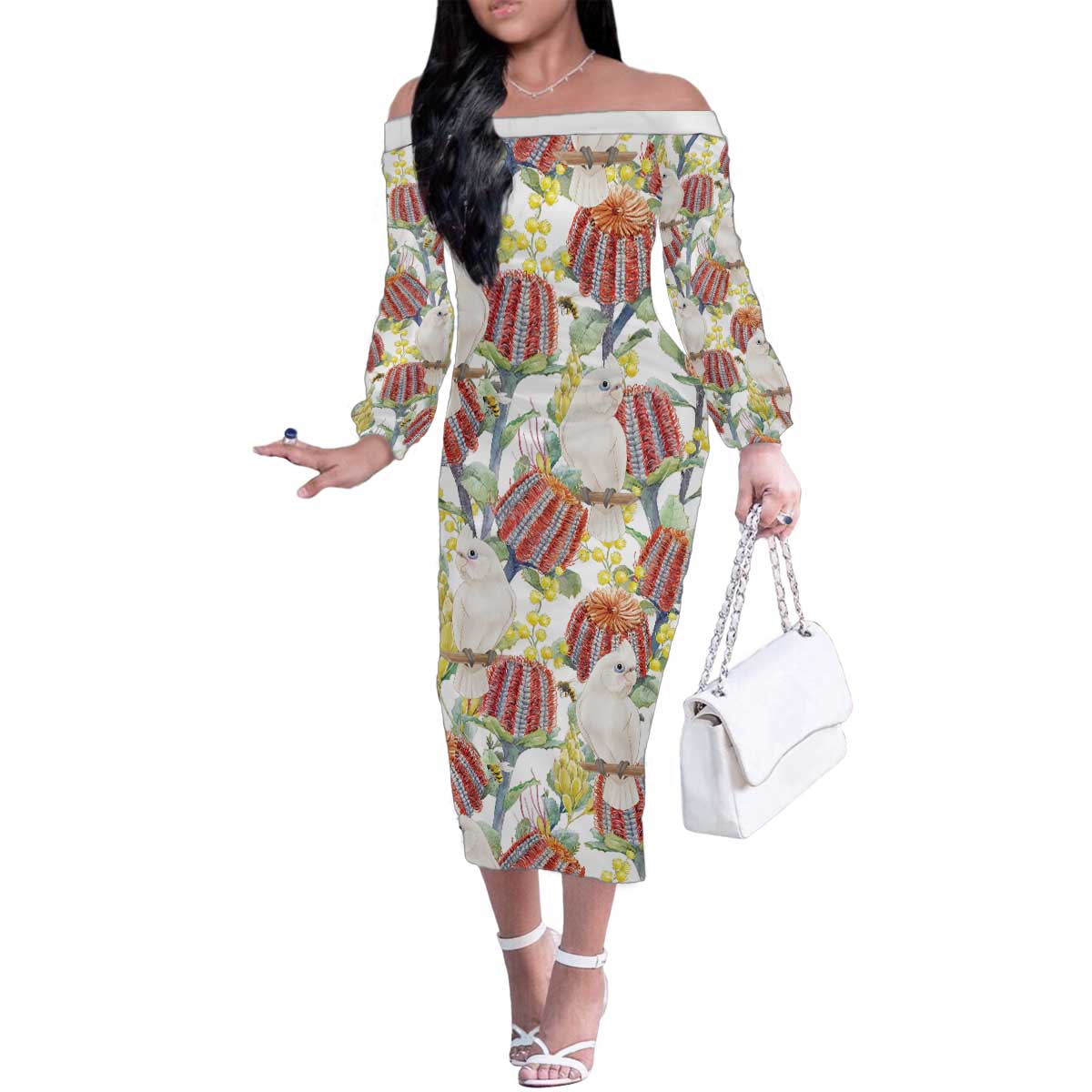 Little Corella Australia Cockatoo Family Matching Off The Shoulder Long Sleeve Dress and Hawaiian Shirt Cacatua Sanguinea Banksia Seamless White - Aussie Hoodie