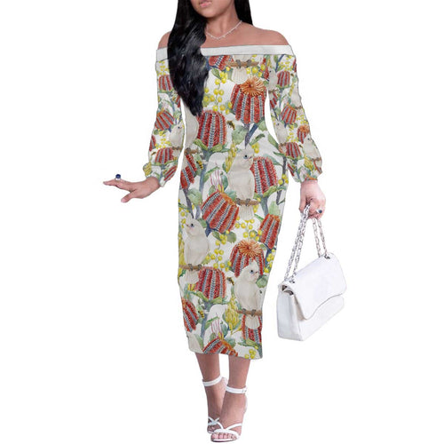 Little Corella Australia Cockatoo Family Matching Off The Shoulder Long Sleeve Dress and Hawaiian Shirt Cacatua Sanguinea Banksia Seamless White - Aussie Hoodie