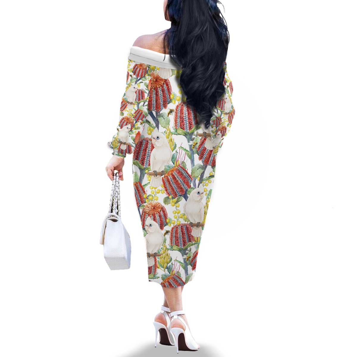 Little Corella Australia Cockatoo Family Matching Off The Shoulder Long Sleeve Dress and Hawaiian Shirt Cacatua Sanguinea Banksia Seamless White - Aussie Hoodie