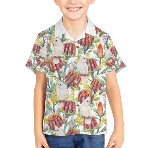 Little Corella Australia Cockatoo Family Matching Off The Shoulder Long Sleeve Dress and Hawaiian Shirt Cacatua Sanguinea Banksia Seamless White - Aussie Hoodie