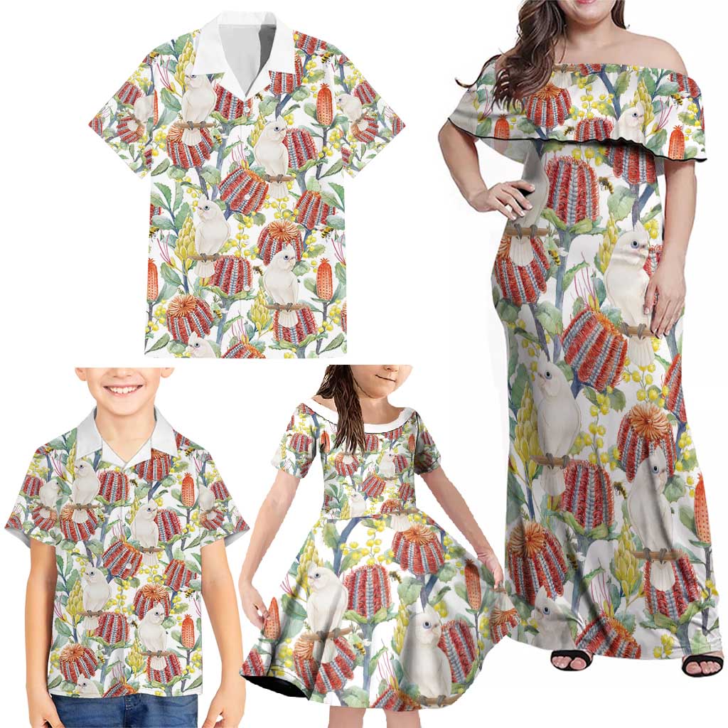 Little Corella Australia Cockatoo Family Matching Off Shoulder Maxi Dress and Hawaiian Shirt Cacatua Sanguinea Banksia Seamless White - Aussie Hoodie