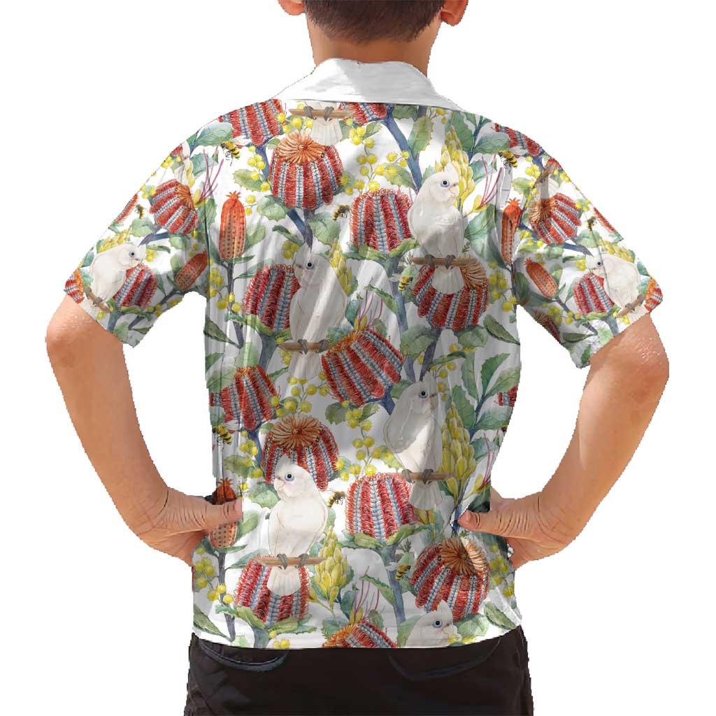 Little Corella Australia Cockatoo Family Matching Off Shoulder Maxi Dress and Hawaiian Shirt Cacatua Sanguinea Banksia Seamless White - Aussie Hoodie