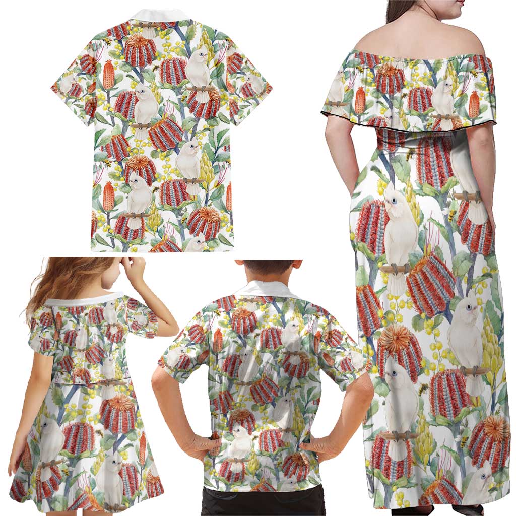 Little Corella Australia Cockatoo Family Matching Off Shoulder Maxi Dress and Hawaiian Shirt Cacatua Sanguinea Banksia Seamless White - Aussie Hoodie