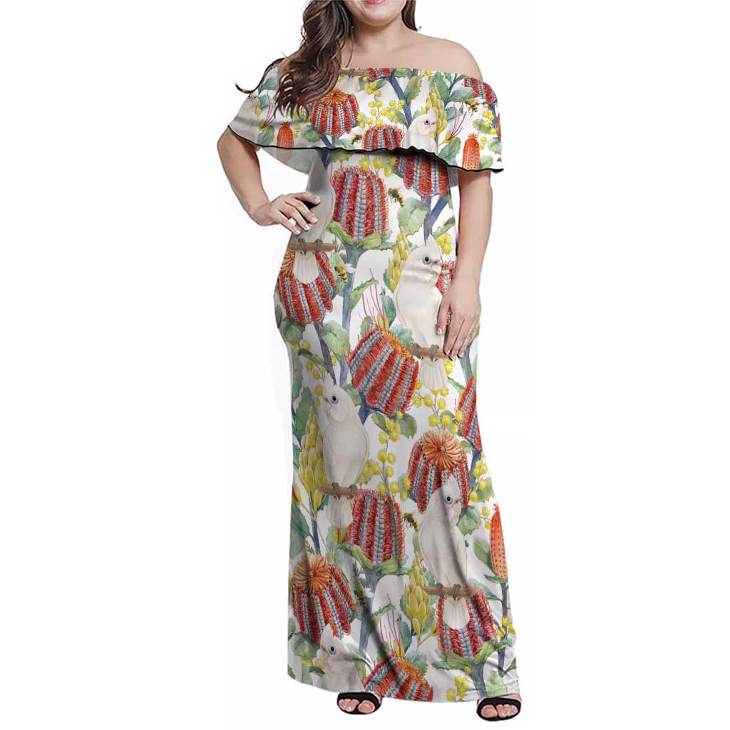 Little Corella Australia Cockatoo Family Matching Off Shoulder Maxi Dress and Hawaiian Shirt Cacatua Sanguinea Banksia Seamless White - Aussie Hoodie