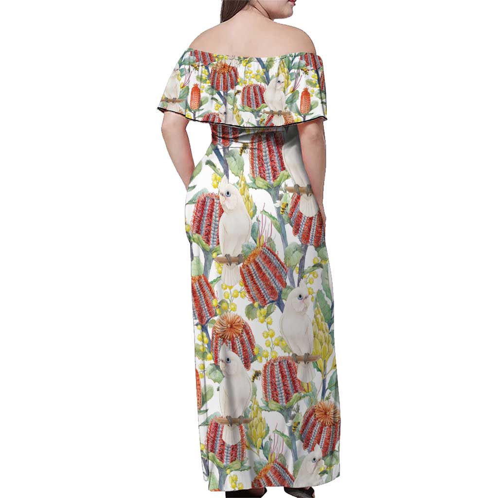 Little Corella Australia Cockatoo Family Matching Off Shoulder Maxi Dress and Hawaiian Shirt Cacatua Sanguinea Banksia Seamless White - Aussie Hoodie