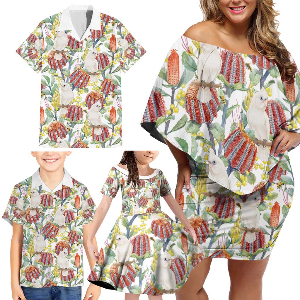 Little Corella Australia Cockatoo Family Matching Off Shoulder Short Dress and Hawaiian Shirt Cacatua Sanguinea Banksia Seamless White - Aussie Hoodie