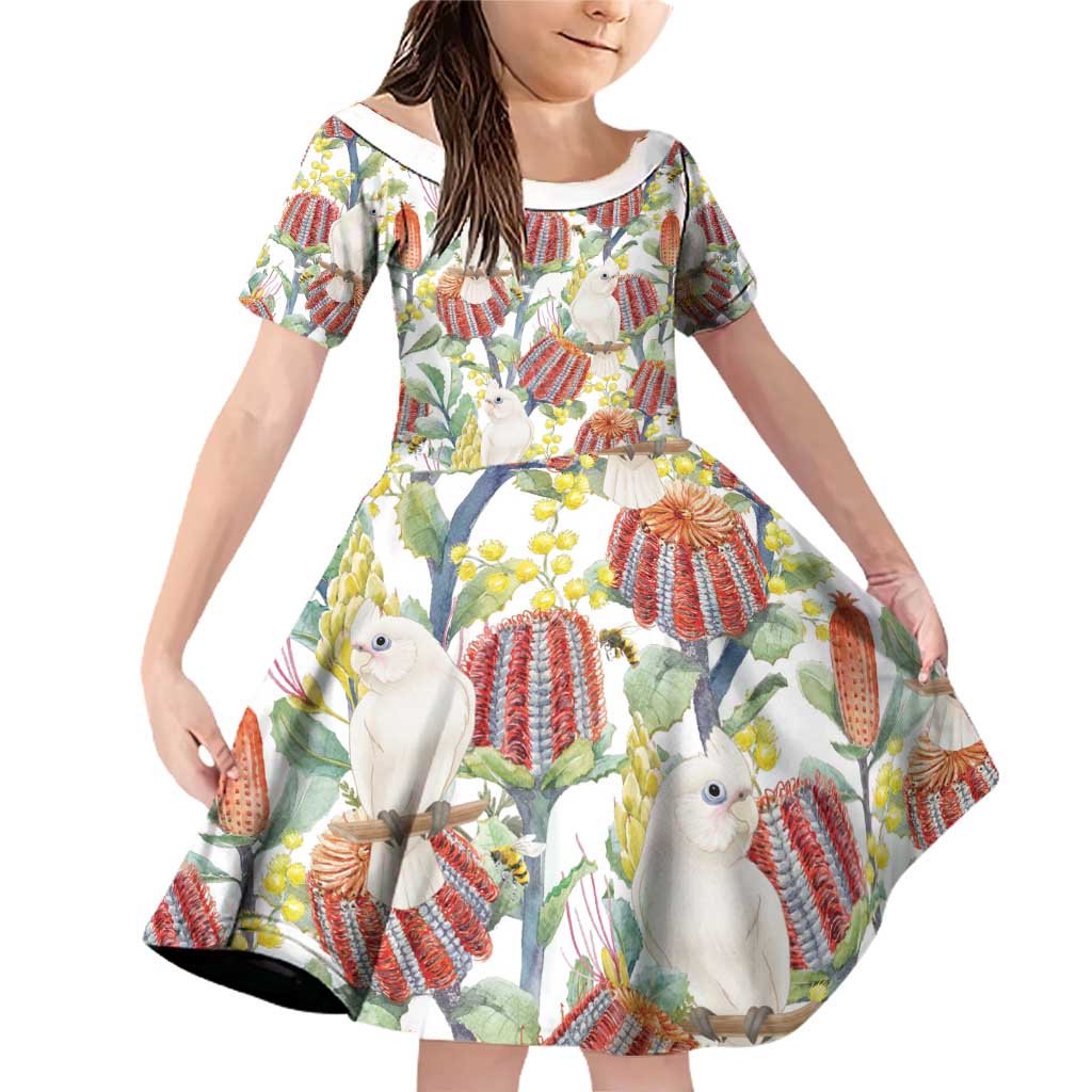 Little Corella Australia Cockatoo Family Matching Off Shoulder Short Dress and Hawaiian Shirt Cacatua Sanguinea Banksia Seamless White - Aussie Hoodie