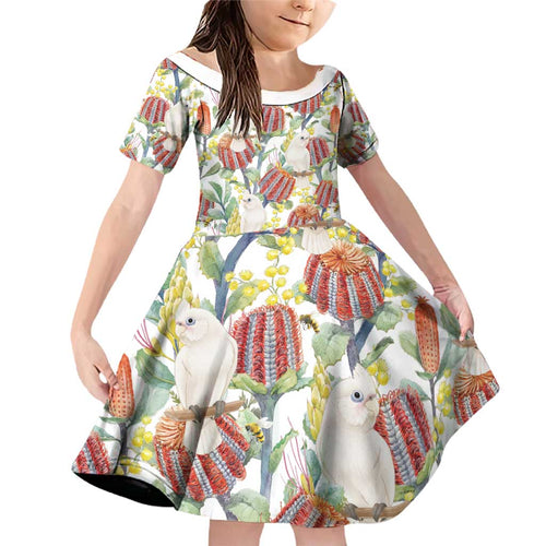 Little Corella Australia Cockatoo Family Matching Off Shoulder Short Dress and Hawaiian Shirt Cacatua Sanguinea Banksia Seamless White - Aussie Hoodie