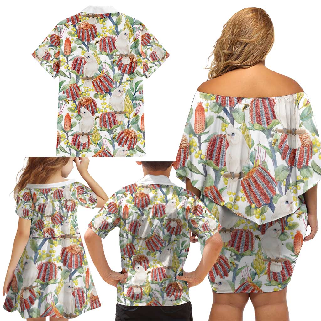 Little Corella Australia Cockatoo Family Matching Off Shoulder Short Dress and Hawaiian Shirt Cacatua Sanguinea Banksia Seamless White - Aussie Hoodie