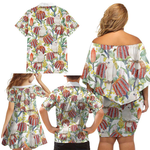 Little Corella Australia Cockatoo Family Matching Off Shoulder Short Dress and Hawaiian Shirt Cacatua Sanguinea Banksia Seamless White - Aussie Hoodie