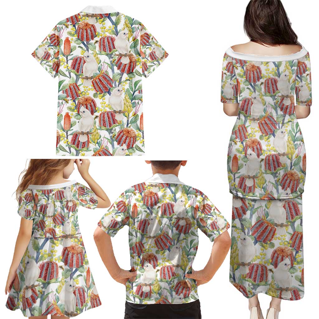 Little Corella Australia Cockatoo Family Matching Puletasi and Hawaiian Shirt Cacatua Sanguinea Banksia Seamless White - Aussie Hoodie