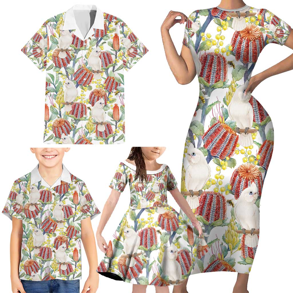 Little Corella Australia Cockatoo Family Matching Short Sleeve Bodycon Dress and Hawaiian Shirt Cacatua Sanguinea Banksia Seamless White - Aussie Hoodie