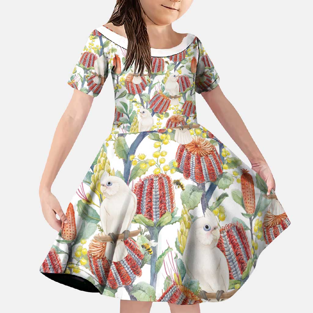 Little Corella Australia Cockatoo Family Matching Short Sleeve Bodycon Dress and Hawaiian Shirt Cacatua Sanguinea Banksia Seamless White - Aussie Hoodie