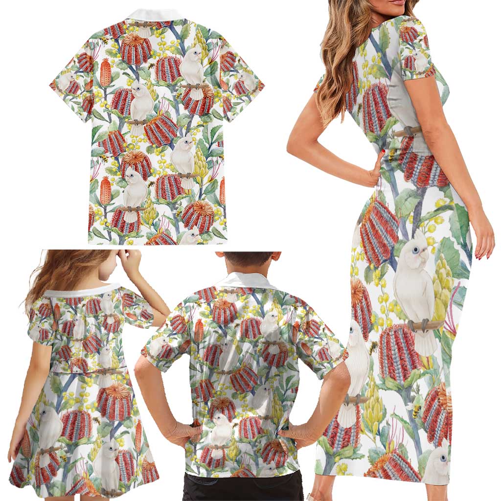 Little Corella Australia Cockatoo Family Matching Short Sleeve Bodycon Dress and Hawaiian Shirt Cacatua Sanguinea Banksia Seamless White - Aussie Hoodie