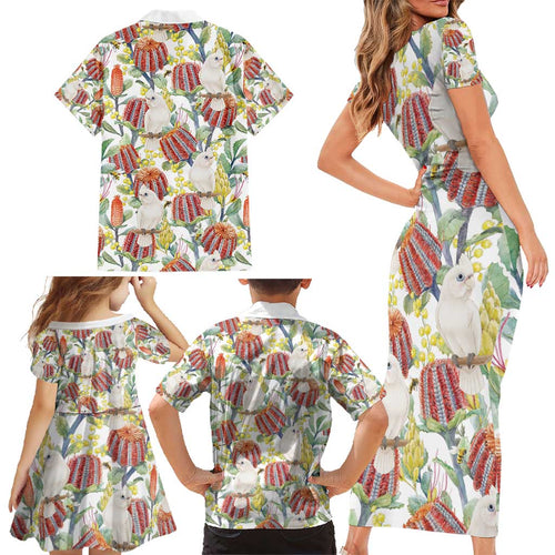 Little Corella Australia Cockatoo Family Matching Short Sleeve Bodycon Dress and Hawaiian Shirt Cacatua Sanguinea Banksia Seamless White - Aussie Hoodie