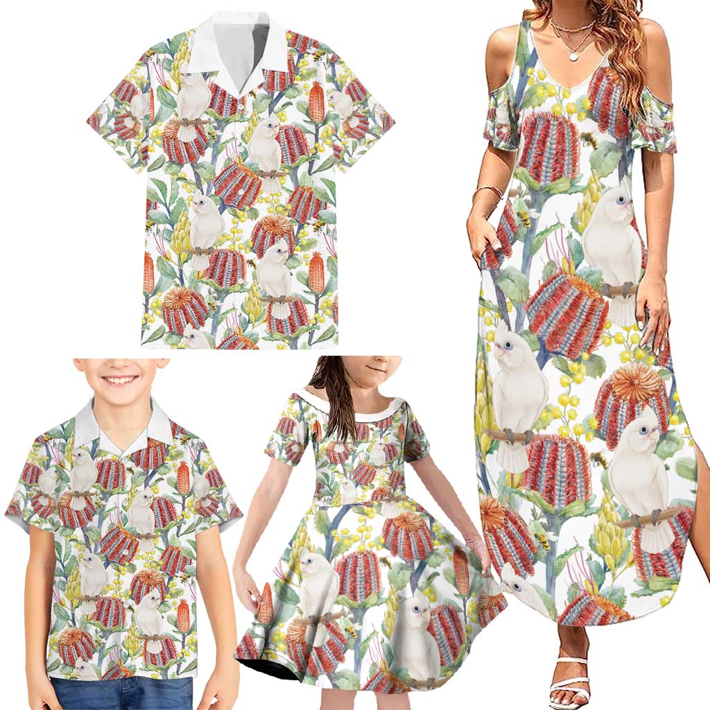 Little Corella Australia Cockatoo Family Matching Summer Maxi Dress and Hawaiian Shirt Cacatua Sanguinea Banksia Seamless White - Aussie Hoodie