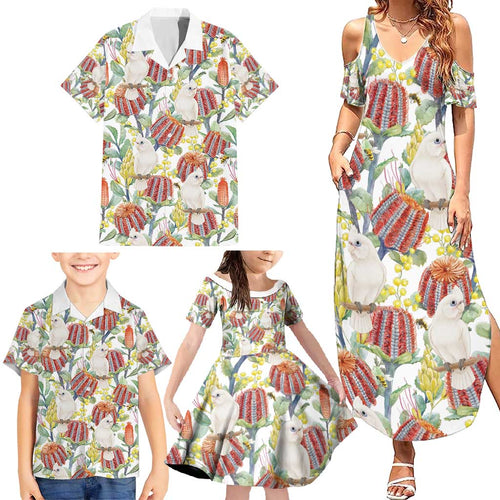 Little Corella Australia Cockatoo Family Matching Summer Maxi Dress and Hawaiian Shirt Cacatua Sanguinea Banksia Seamless White - Aussie Hoodie