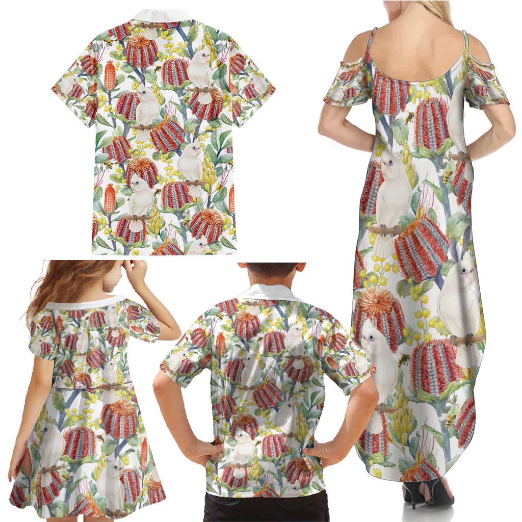 Little Corella Australia Cockatoo Family Matching Summer Maxi Dress and Hawaiian Shirt Cacatua Sanguinea Banksia Seamless White - Aussie Hoodie