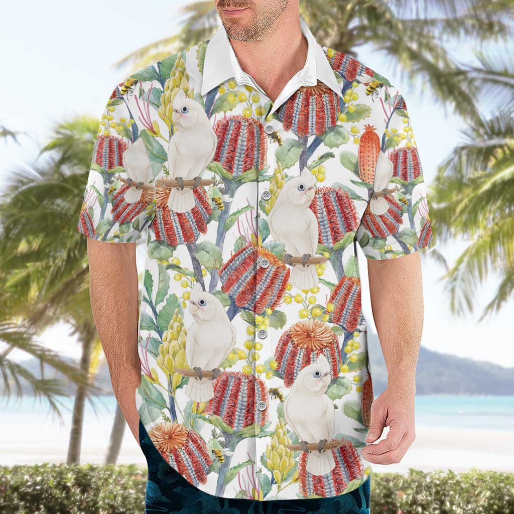 Little Corella Australia Cockatoo Hawaiian Shirt Cacatua Sanguinea Banksia Seamless White - Aussie Hoodie