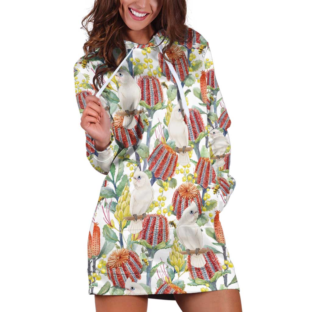Little Corella Australia Cockatoo Hoodie Dress Cacatua Sanguinea Banksia Seamless White - Aussie Hoodie