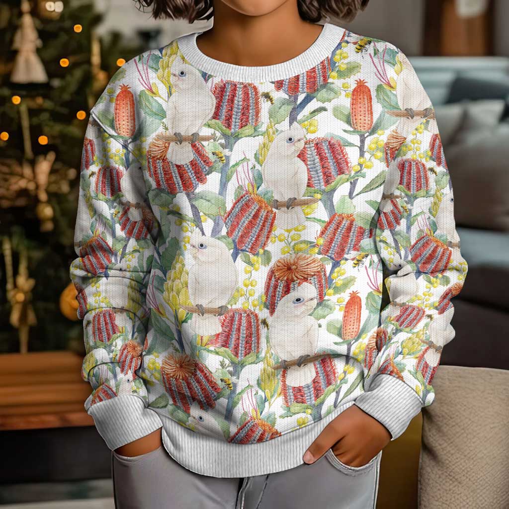 Little Corella Australia Cockatoo Kid Ugly Christmas Sweater Cacatua Sanguinea Banksia Seamless White - Aussie Hoodie