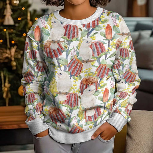 Little Corella Australia Cockatoo Kid Ugly Christmas Sweater Cacatua Sanguinea Banksia Seamless White - Aussie Hoodie
