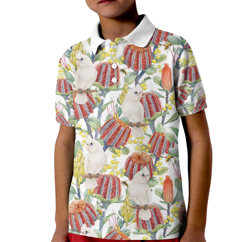 Little Corella Australia Cockatoo Kid Polo Shirt Cacatua Sanguinea Banksia Seamless White - Aussie Hoodie