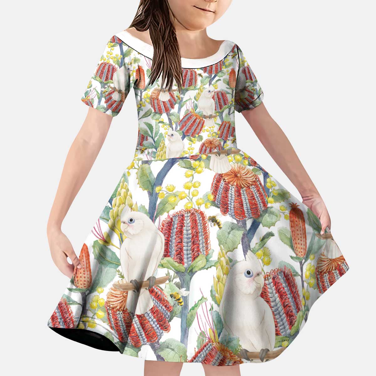 Little Corella Australia Cockatoo Kid Short Sleeve Dress Cacatua Sanguinea Banksia Seamless White - Aussie Hoodie