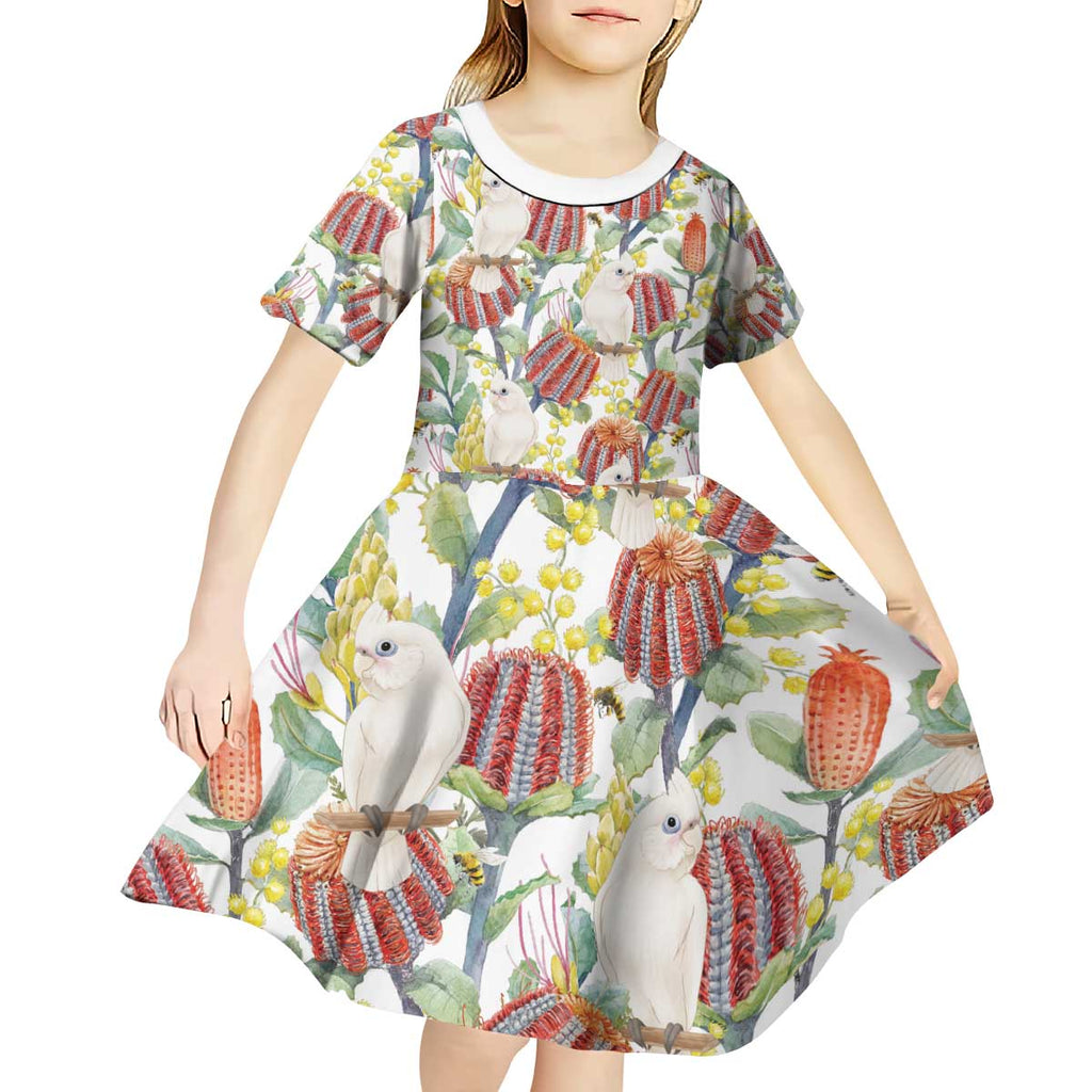 Little Corella Australia Cockatoo Kid Short Sleeve Dress Cacatua Sanguinea Banksia Seamless White - Aussie Hoodie