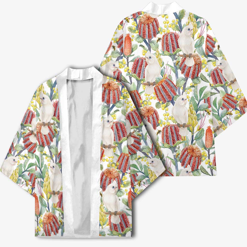 Little Corella Australia Cockatoo Kimono Cacatua Sanguinea Banksia Seamless White - Aussie Hoodie