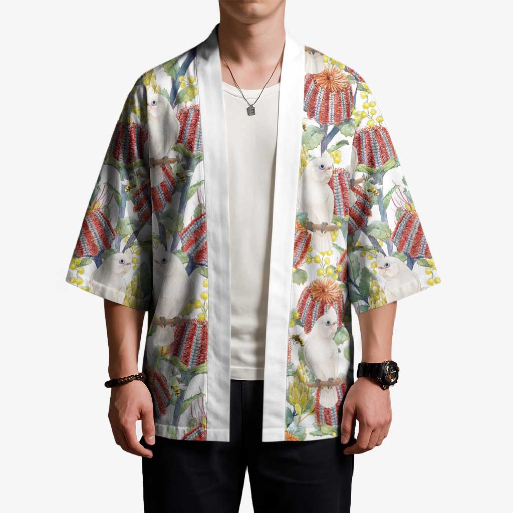 Little Corella Australia Cockatoo Kimono Cacatua Sanguinea Banksia Seamless White - Aussie Hoodie