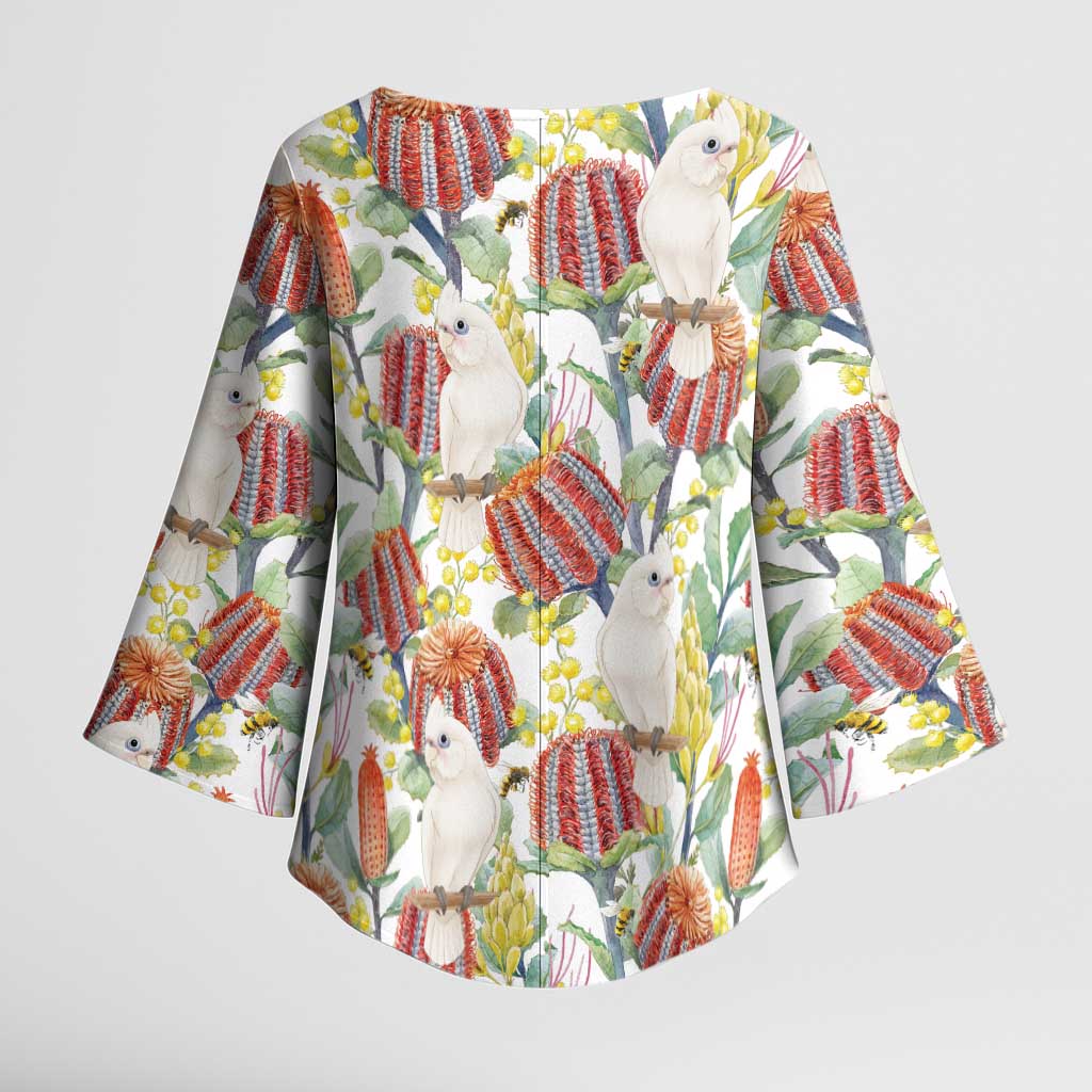 Little Corella Australia Cockatoo Kimono Sleeve Blouse Cacatua Sanguinea Banksia Seamless White - Aussie Hoodie