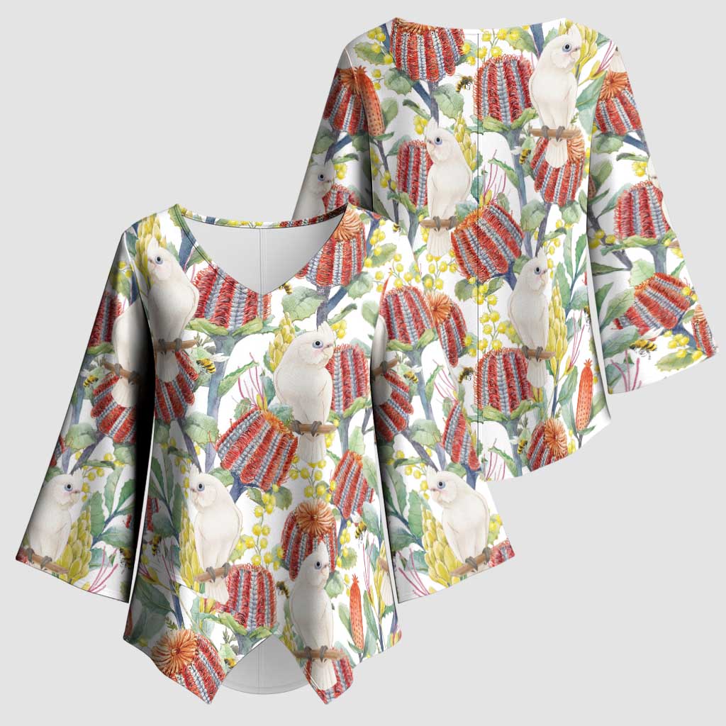 Little Corella Australia Cockatoo Kimono Sleeve Blouse Cacatua Sanguinea Banksia Seamless White - Aussie Hoodie