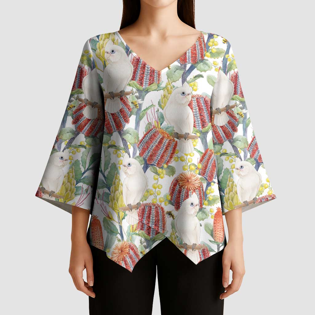 Little Corella Australia Cockatoo Kimono Sleeve Blouse Cacatua Sanguinea Banksia Seamless White - Aussie Hoodie