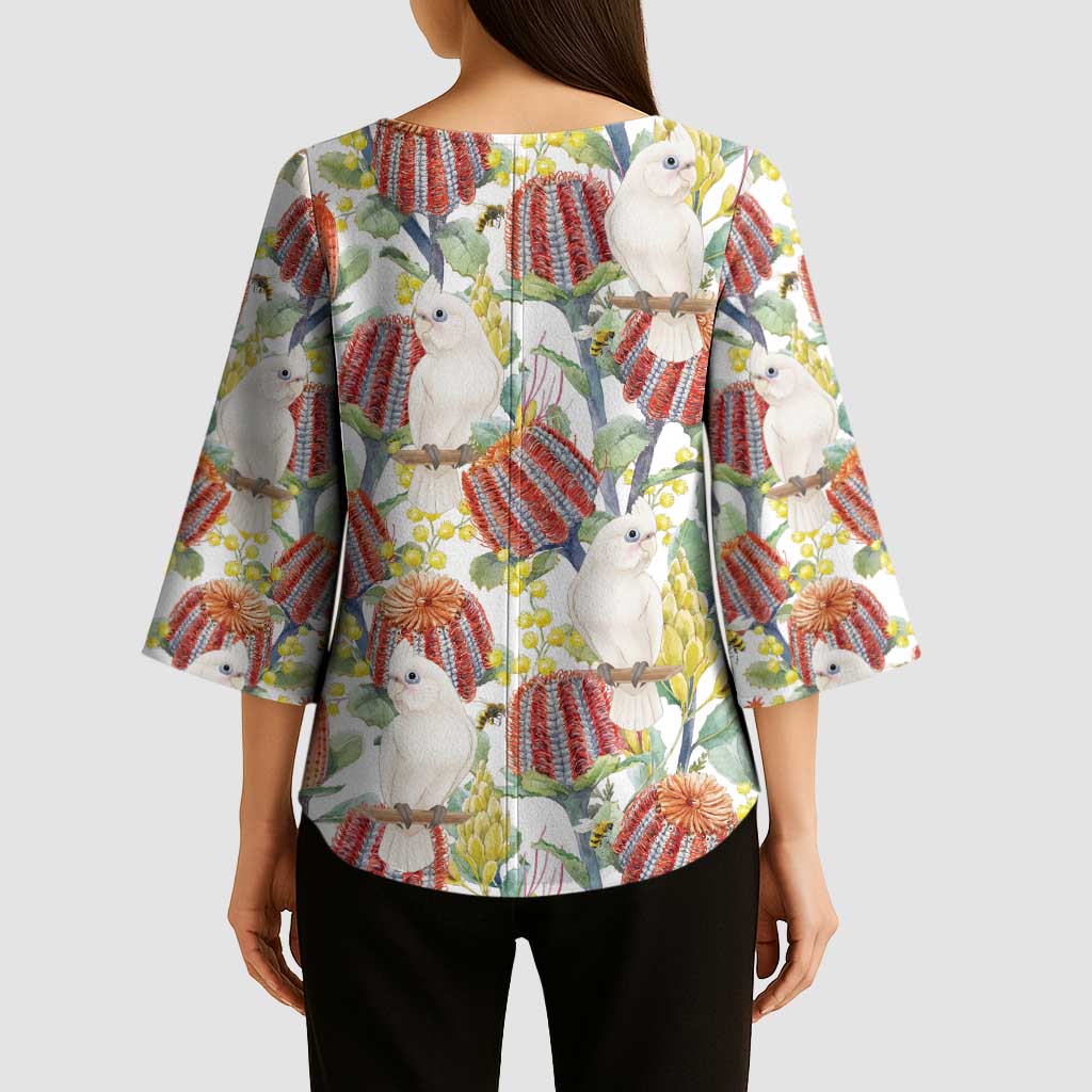 Little Corella Australia Cockatoo Kimono Sleeve Blouse Cacatua Sanguinea Banksia Seamless White - Aussie Hoodie