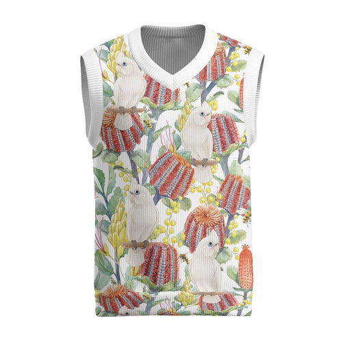 Little Corella Australia Cockatoo Christmas Knitted V-Neck Vest Cacatua Sanguinea Banksia Seamless White - Aussie Hoodie