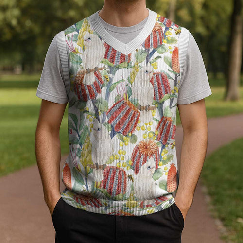 Little Corella Australia Cockatoo Christmas Knitted V-Neck Vest Cacatua Sanguinea Banksia Seamless White - Aussie Hoodie