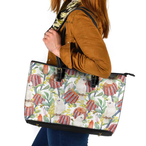 Little Corella Australia Cockatoo Leather Tote Bag Cacatua Sanguinea Banksia Seamless White - Aussie Hoodie