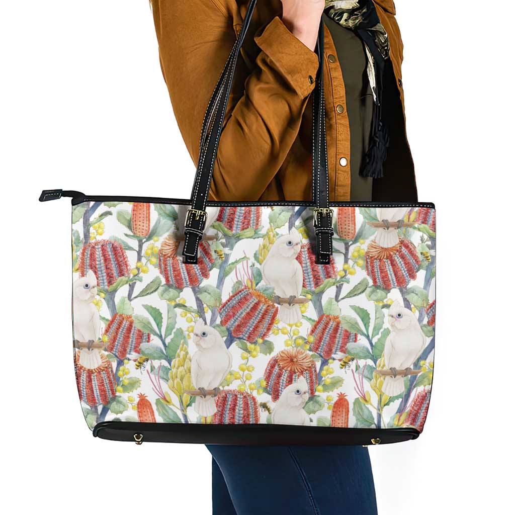 Little Corella Australia Cockatoo Leather Tote Bag Cacatua Sanguinea Banksia Seamless White - Aussie Hoodie