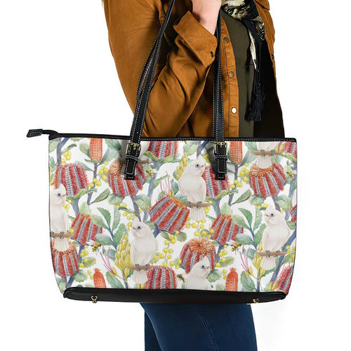 Little Corella Australia Cockatoo Leather Tote Bag Cacatua Sanguinea Banksia Seamless White - Aussie Hoodie