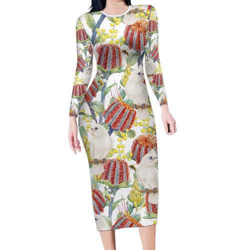 Little Corella Australia Cockatoo Long Sleeve Bodycon Dress Cacatua Sanguinea Banksia Seamless White - Aussie Hoodie