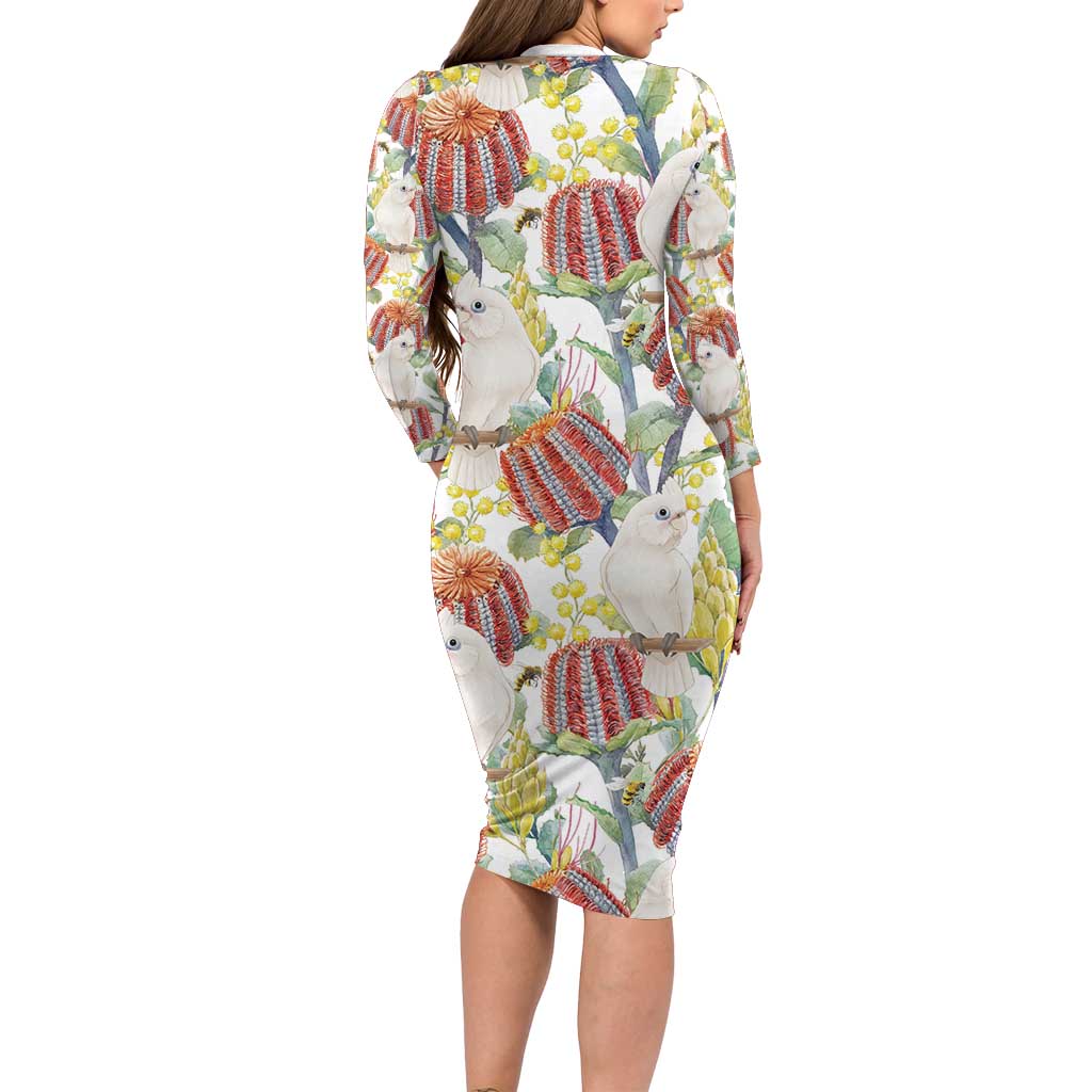 Little Corella Australia Cockatoo Long Sleeve Bodycon Dress Cacatua Sanguinea Banksia Seamless White - Aussie Hoodie