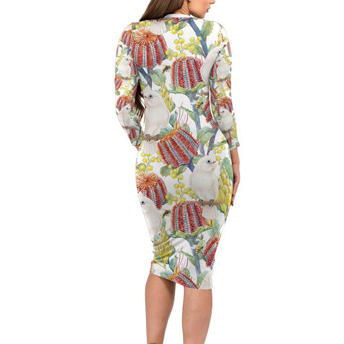 Little Corella Australia Cockatoo Long Sleeve Bodycon Dress Cacatua Sanguinea Banksia Seamless White - Aussie Hoodie